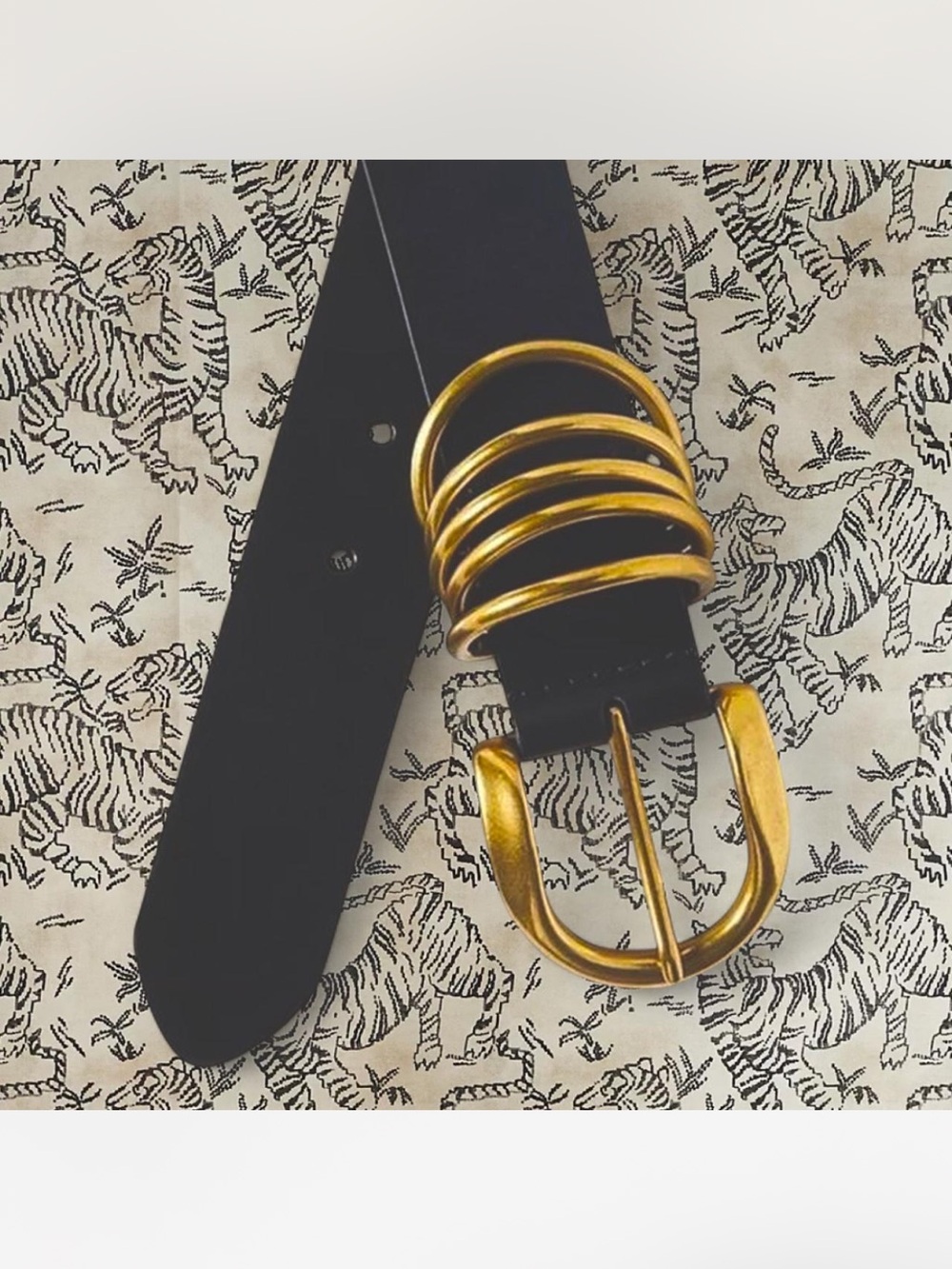 Anthropologie Black Leather Belt with Gold Triple-Ring Buckle - Picture 2 of 2